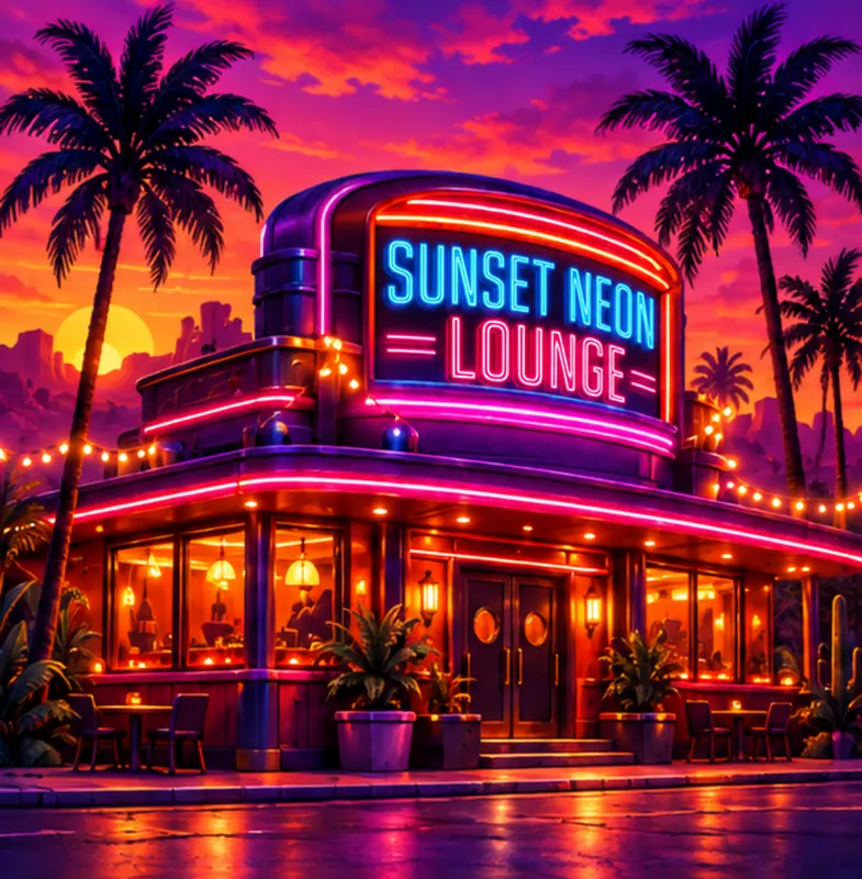 Sunset Neon Lounge game artwork with illuminated architecture and evening scenery.