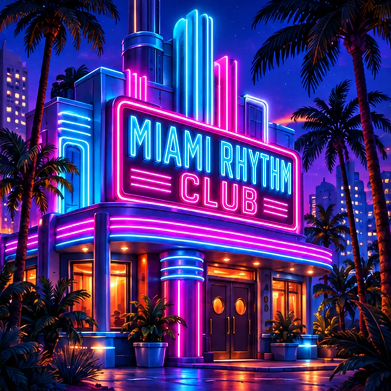 Miami Rhythm Club game artwork with illuminated architecture and evening scenery.