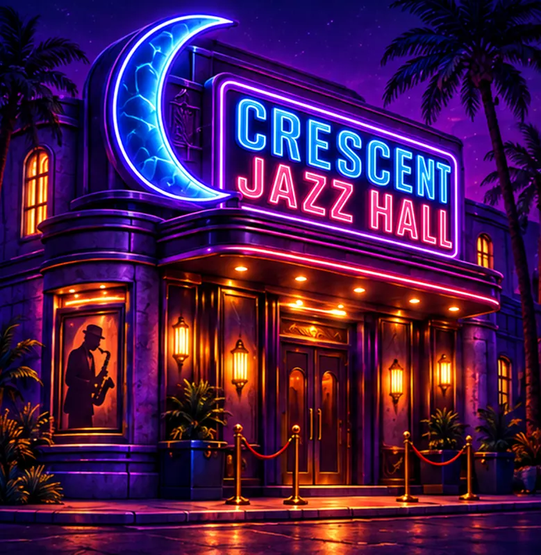 Crescent Jazz Hall game artwork with illuminated architecture and evening scenery.